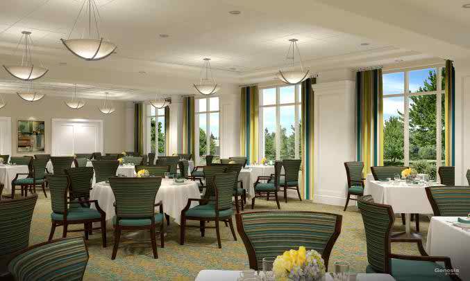 A spacious dining room with neatly arranged tables and chairs, featuring elegant decor and large windows.