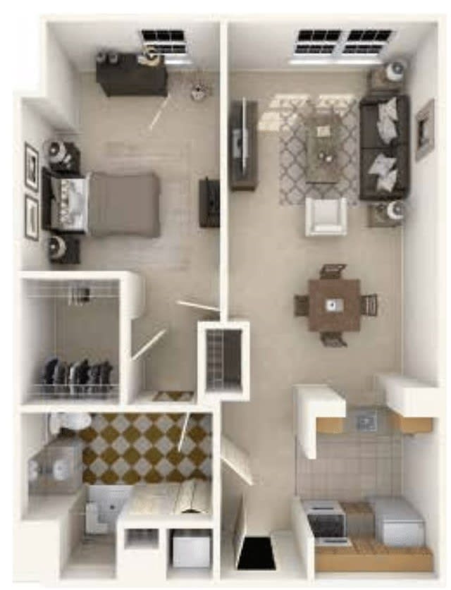 A detailed floor plan of a modern apartment, featuring a living room, bedroom, kitchen, and bathroom.