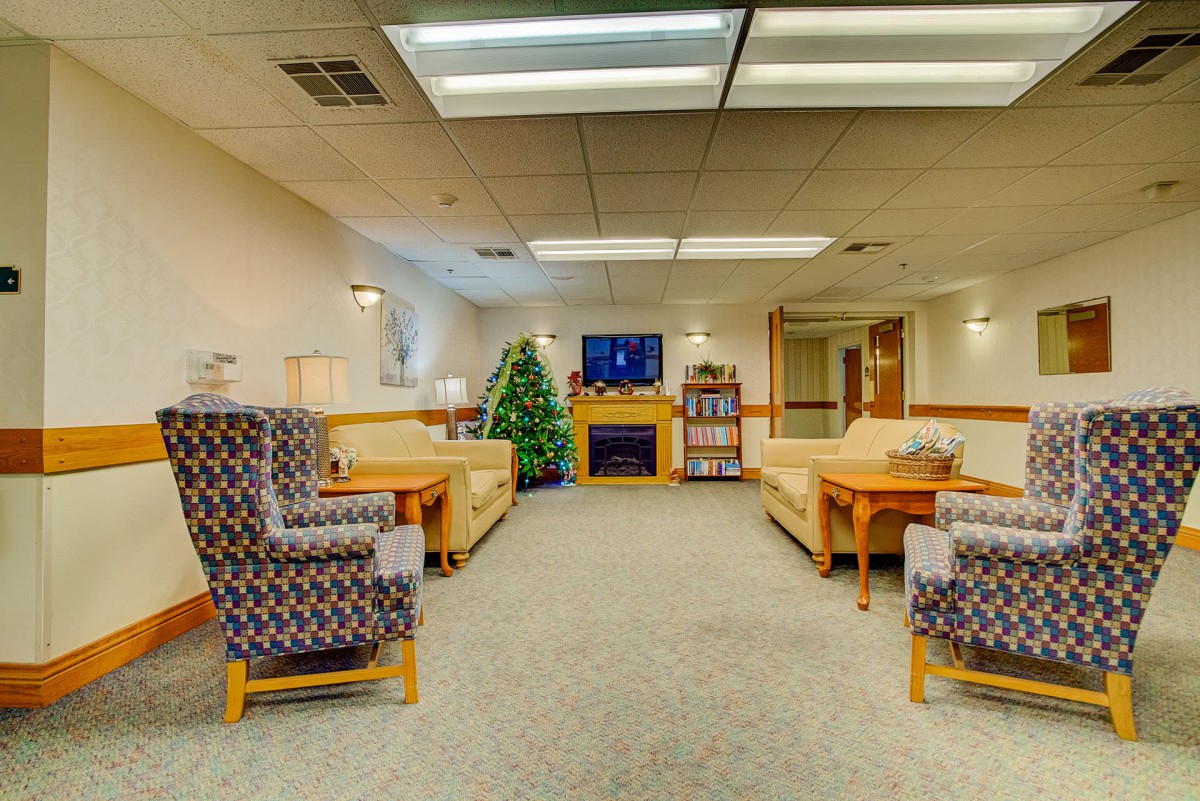 A cozy waiting room with sofas, chairs, a television, and a decorated Christmas tree.