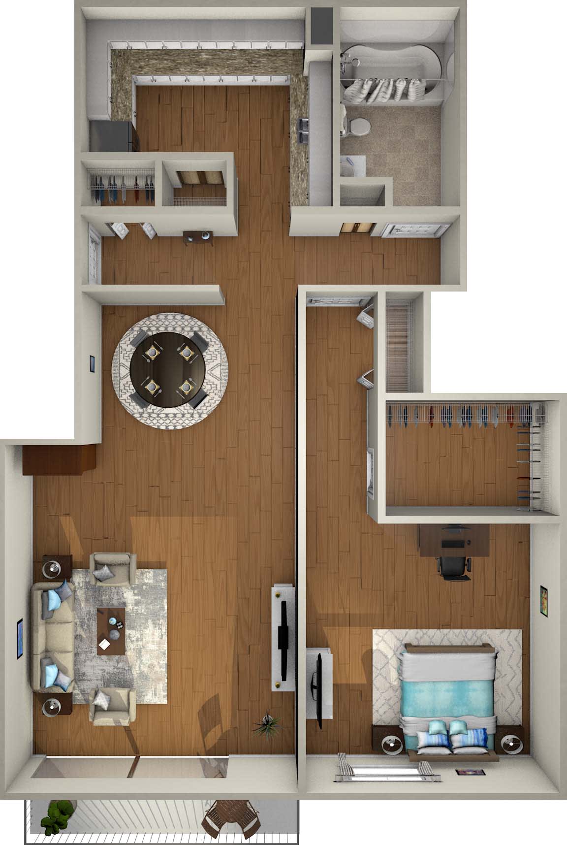An overhead view of an apartment floor plan showcasing the layout of rooms and furniture arrangement.