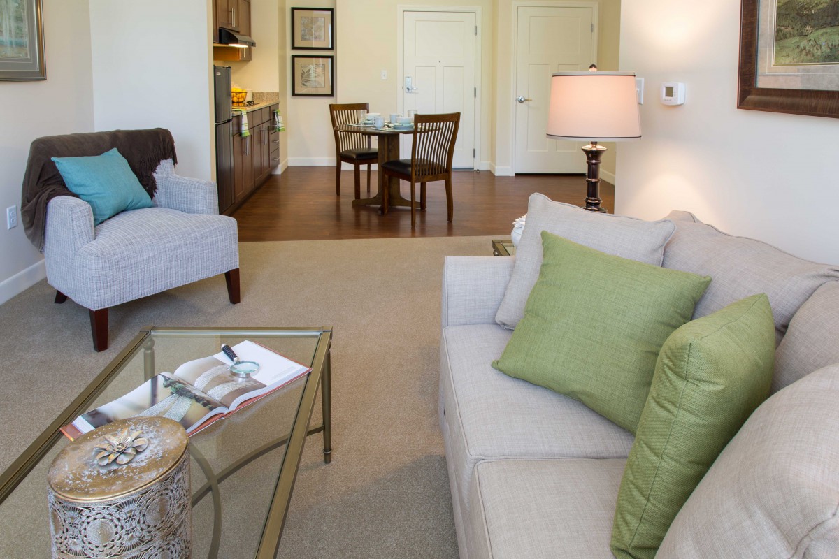 A cozy living room with a modern design, featuring a sofa, cushions, coffee table, and adjacent dining area.