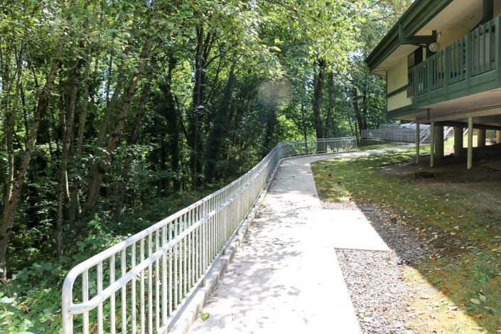 A paved path with a fence runs alongside a forested area near a building.