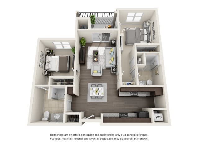 A 3D rendered floor plan of a two-bedroom apartment with a living room, kitchen, and bathroom.