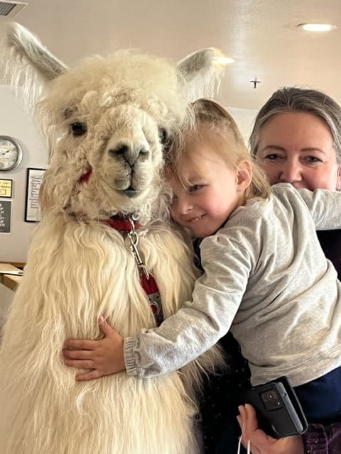 A child happily hugs a fluffy llama while a smiling adult looks on.