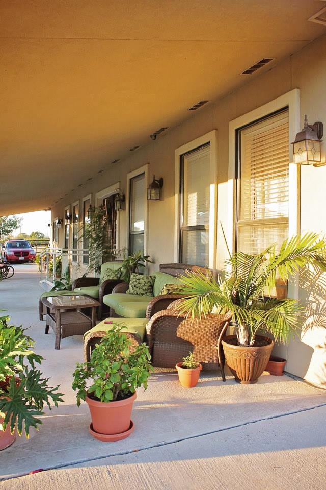 A cozy patio adorned with comfortable furniture and lush potted plants basking in warm sunlight.