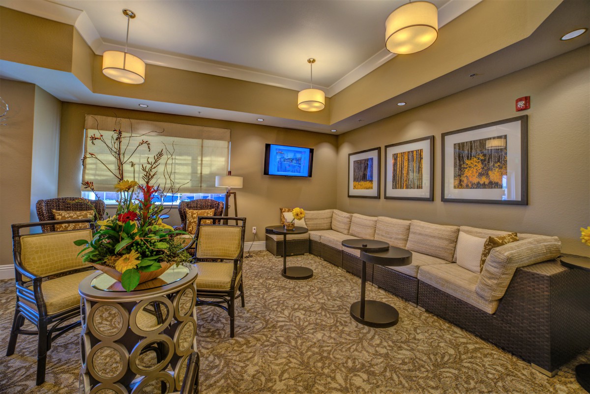 A cozy lounge with elegant decor, featuring a large sofa, artwork on the walls, and a television.