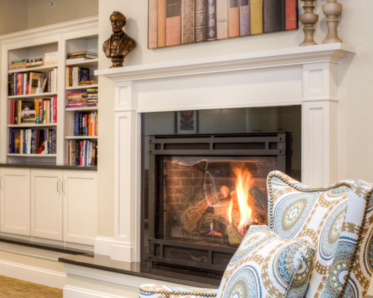 A cozy living room with a fireplace and a well-organized bookshelf.