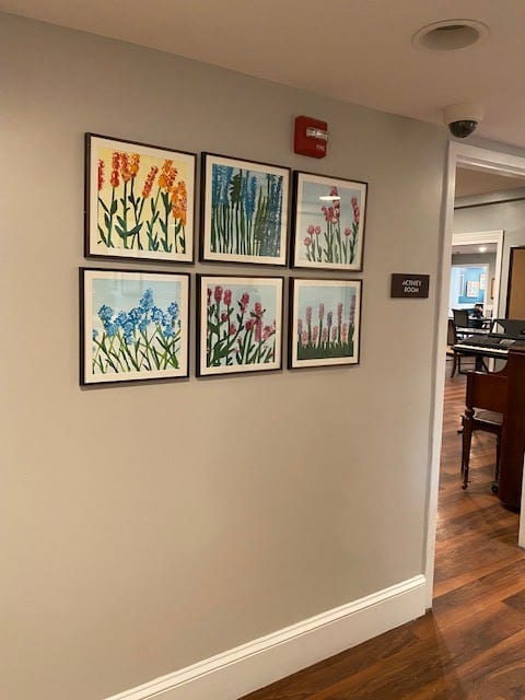 A collection of framed floral paintings displayed on a beige wall in an interior setting.