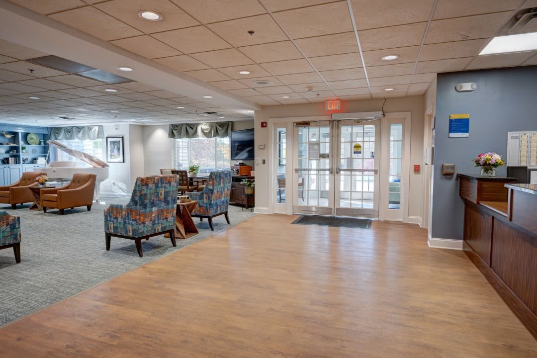A spacious lobby with comfortable seating and a welcoming entrance.
