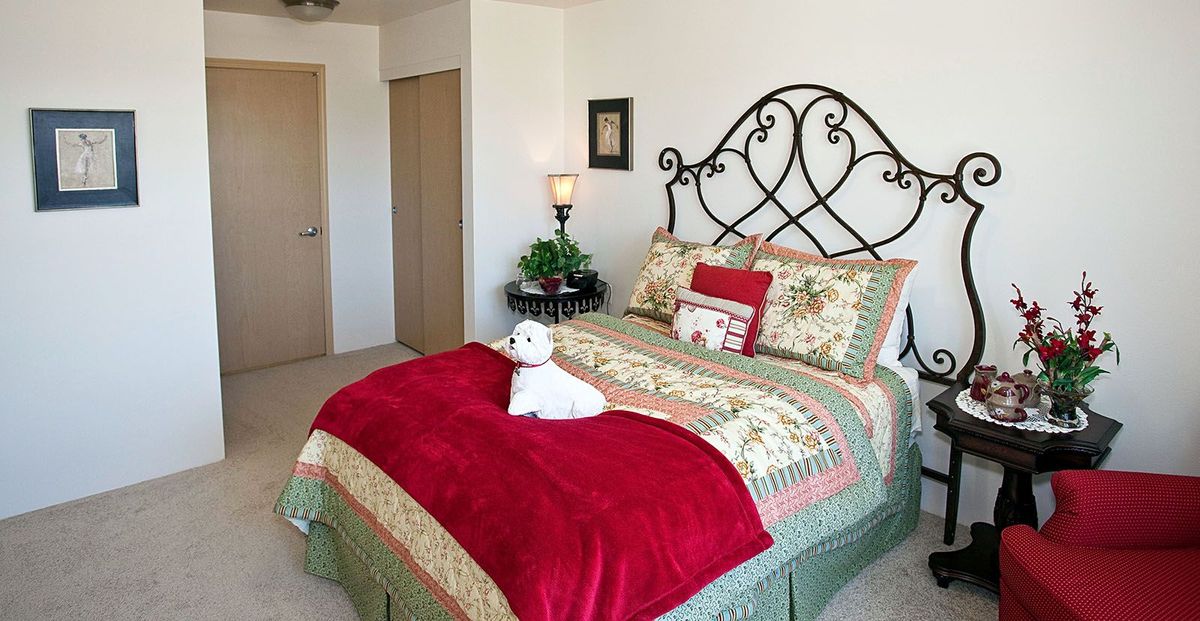 A cozy bedroom with a decorative bedspread and plush cushions.