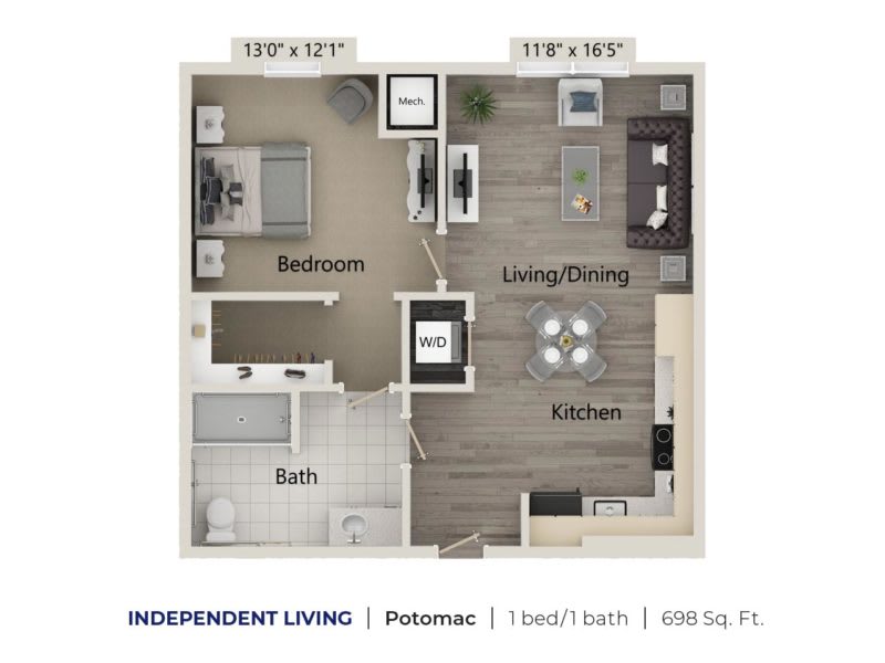 Floor plan of a one-bedroom, one-bathroom apartment featuring a combined living and dining area.