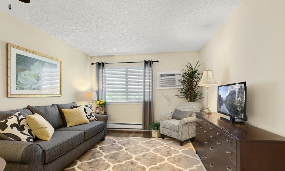 A cozy living room with modern decor, featuring a sofa, armchair, and TV.