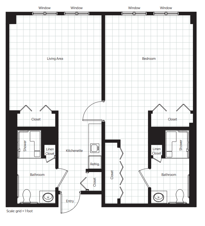 A floor plan featuring two main rooms, each with a closet and bathroom.
