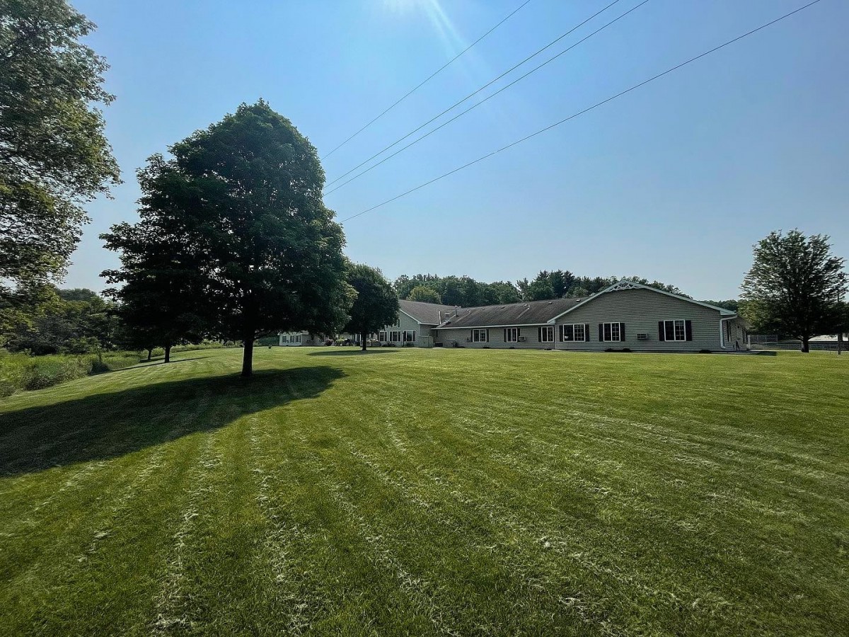 A sunny day with a large building and a tree on a well-maintained lawn.