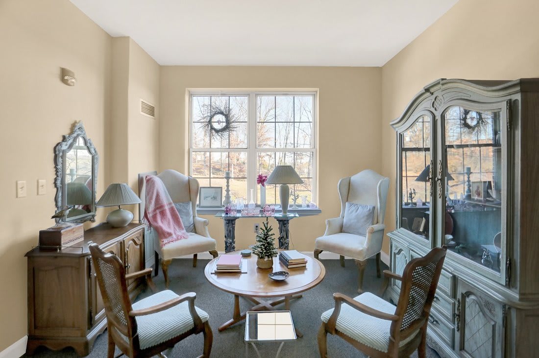 A cozy living room with elegant furniture and ample natural light streaming through large windows.