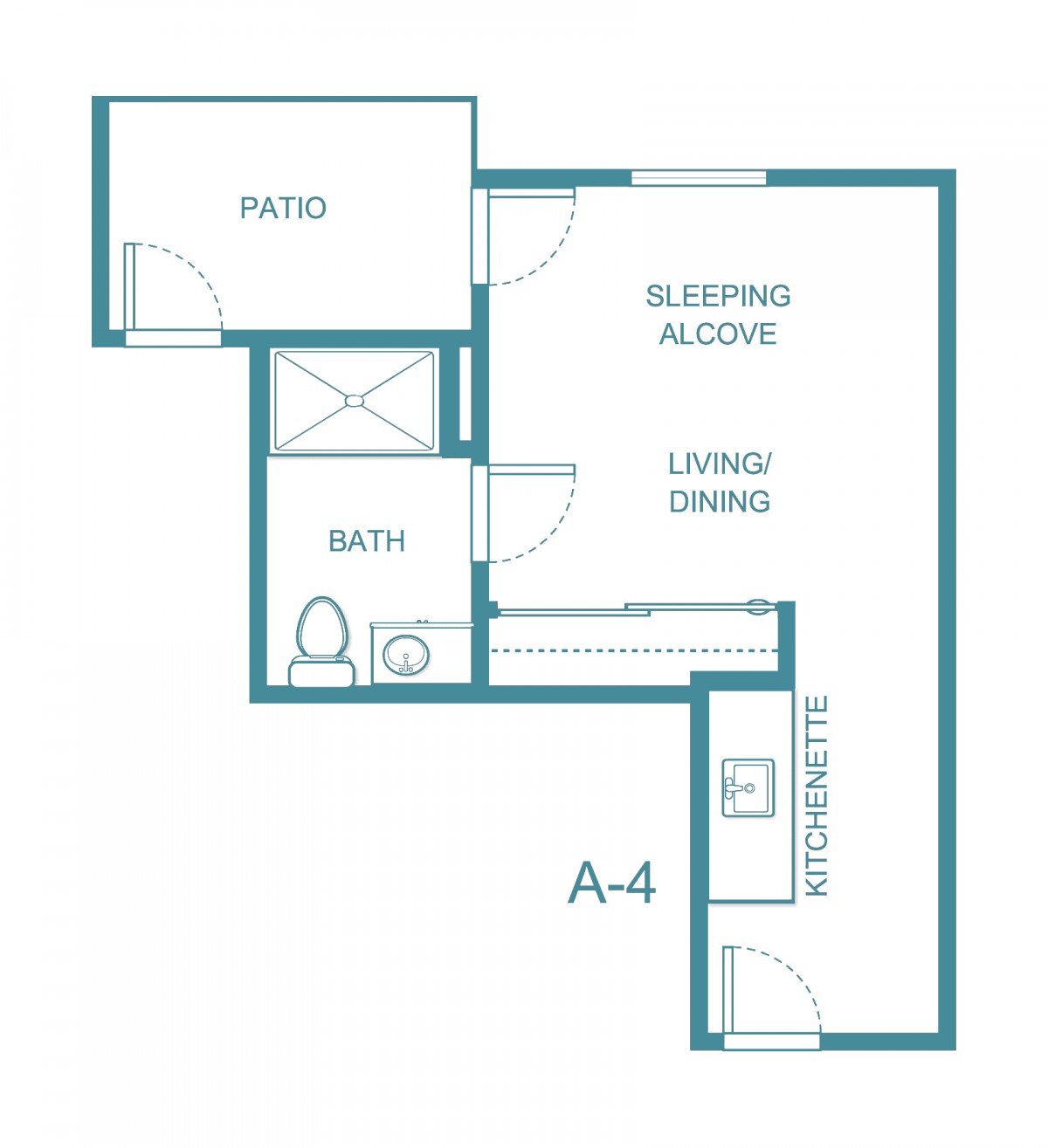 Studio apartment floor plan with a living/dining area, bathroom, kitchenette, and patio.