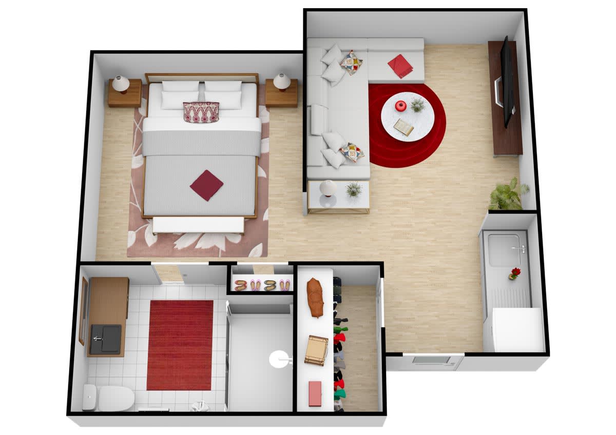 A detailed floor plan of a modern apartment featuring a bedroom, living room, and kitchen.