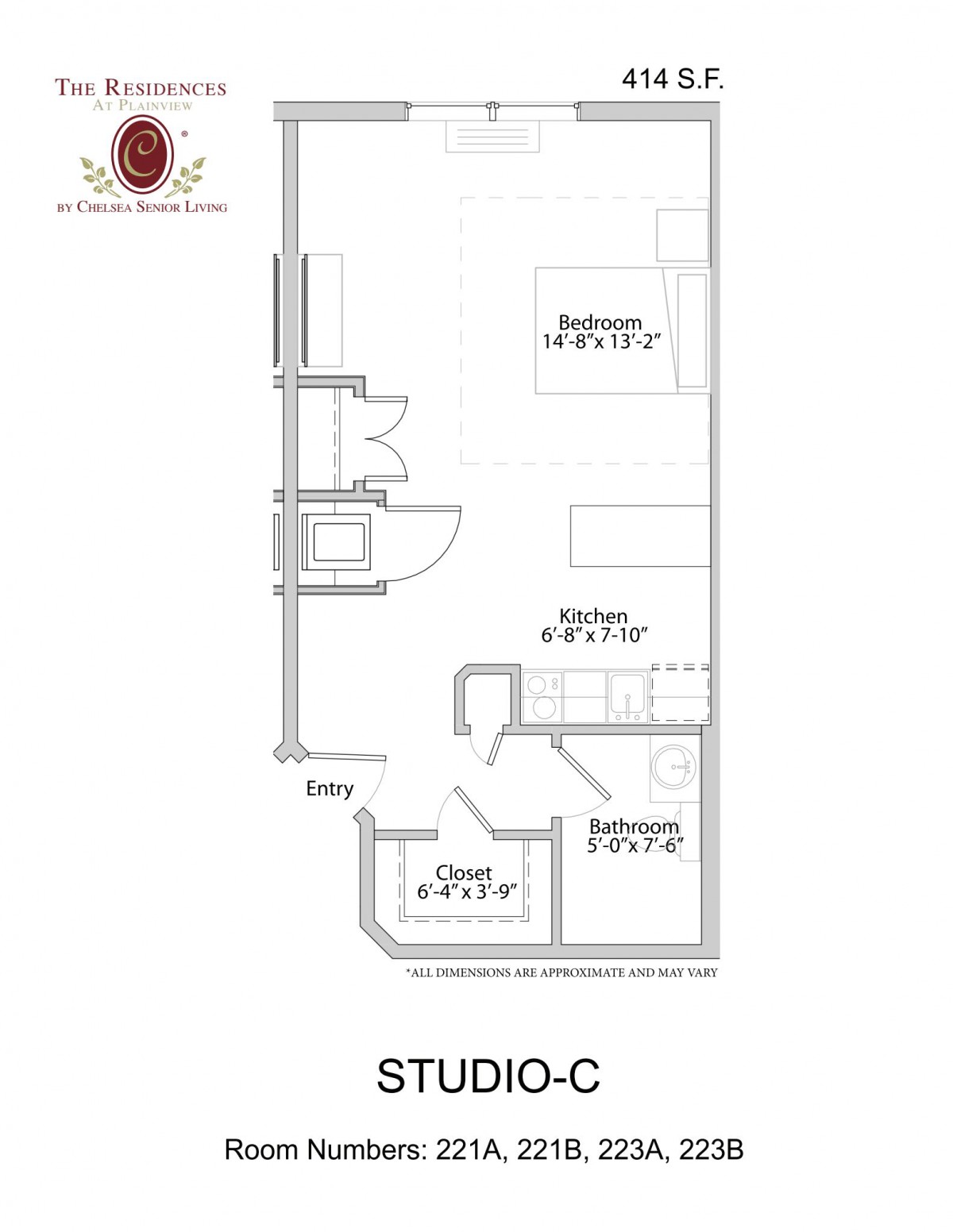 Studio-C floor plan with dimensions for each room.