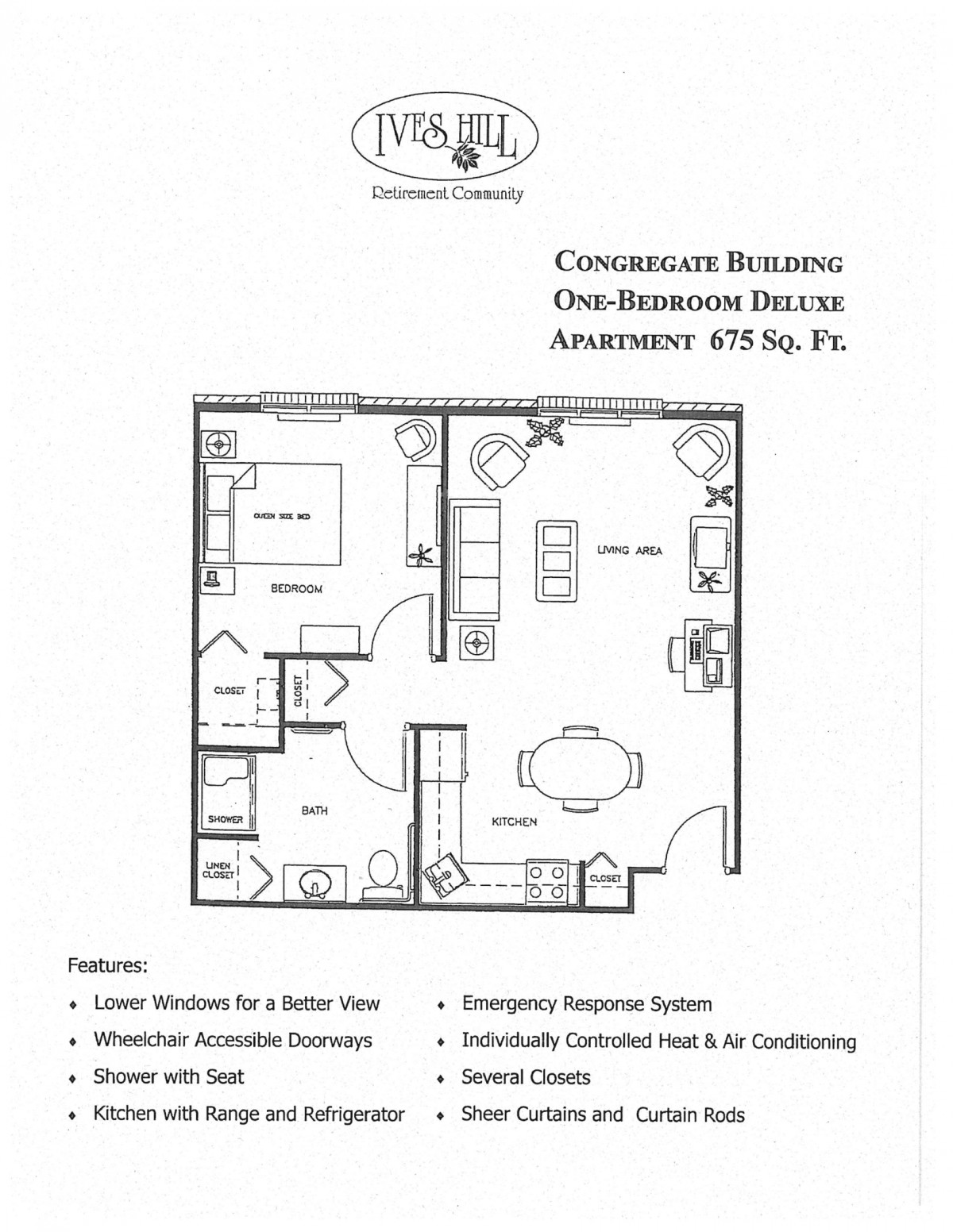 A detailed floor plan of a one-bedroom apartment with labeled features and amenities.