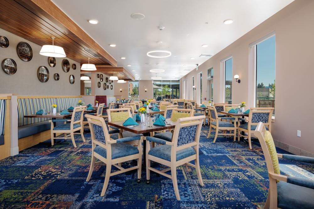 A spacious and elegantly designed dining room with blue carpet, wooden chairs, and large windows.