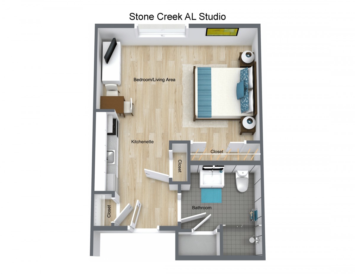 Floor plan of a studio apartment featuring a bedroom, kitchen, and bathroom.