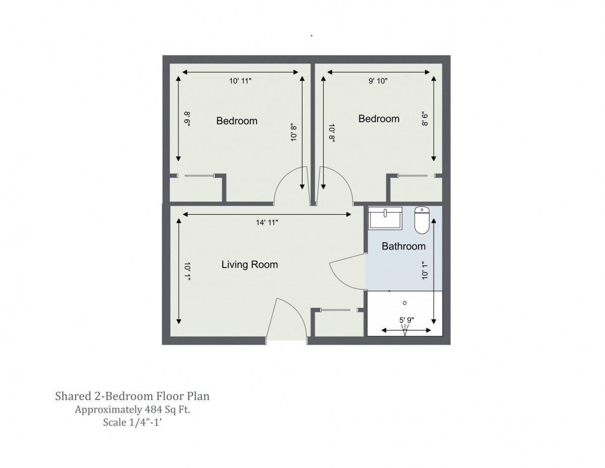 Floor plan of a 2-bedroom apartment showing the layout with a living room, bathroom, and two bedrooms.