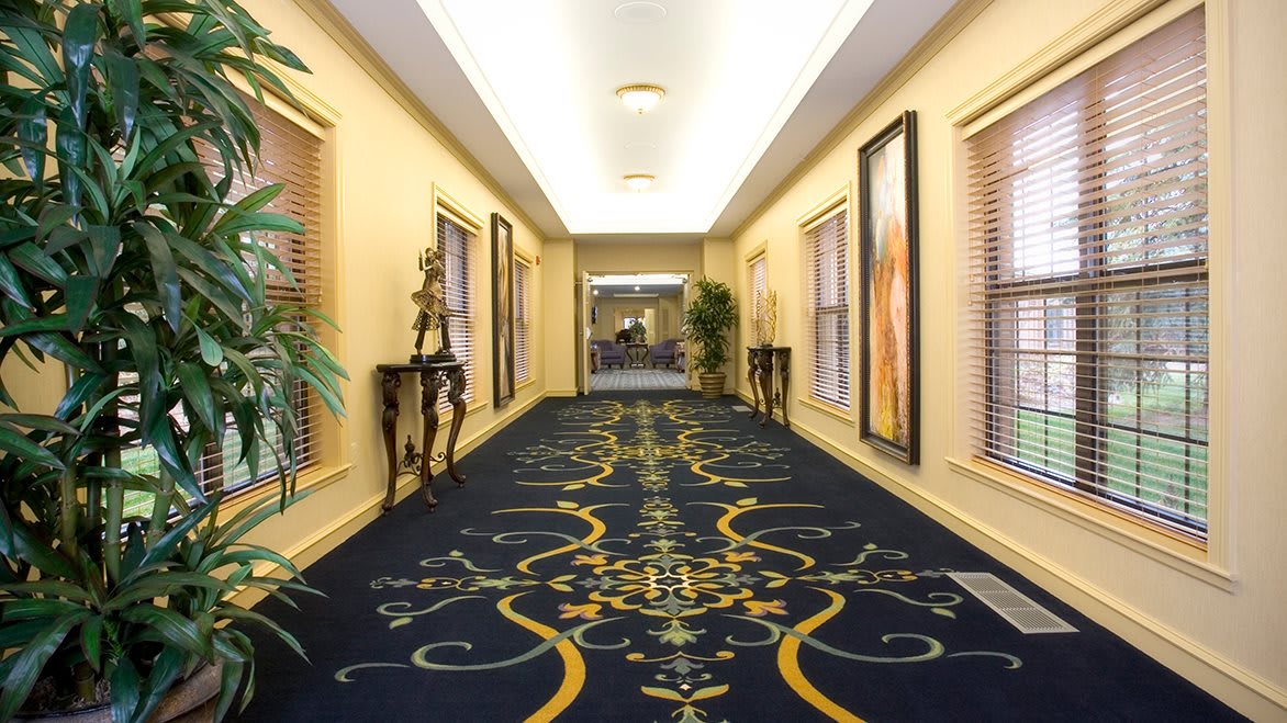 An elegant hotel hallway featuring a patterned carpet and framed artwork on the walls.