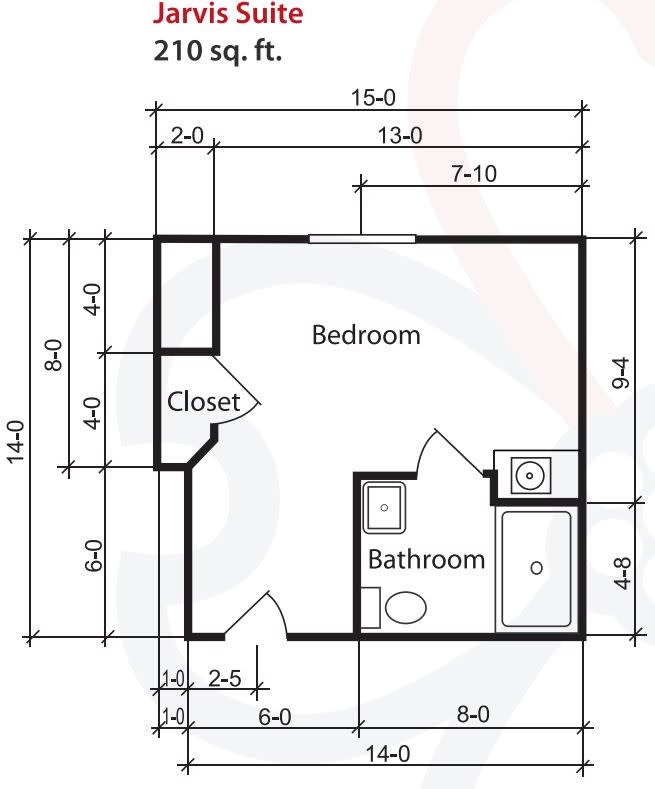 A detailed floor plan featuring a bedroom, bathroom, and closet with measurements.