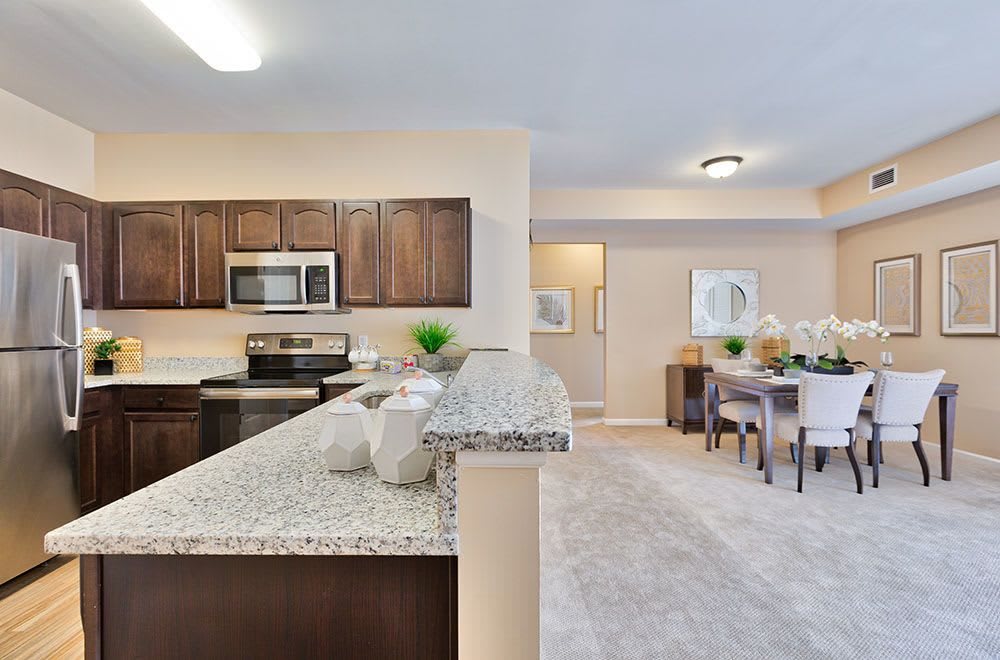 A modern open-concept kitchen and dining area featuring sleek appliances and elegant decor.