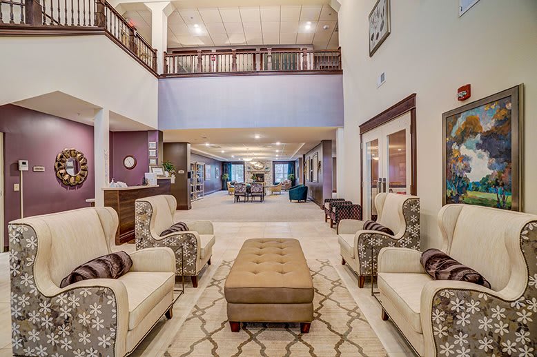 Spacious and elegant hotel lobby with comfortable seating.