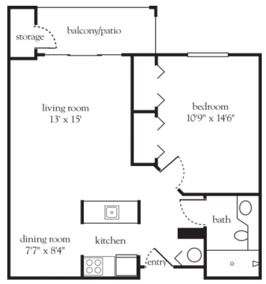 This is a floor plan of a one-bedroom apartment featuring a kitchen, living room, bathroom, and balcony.
