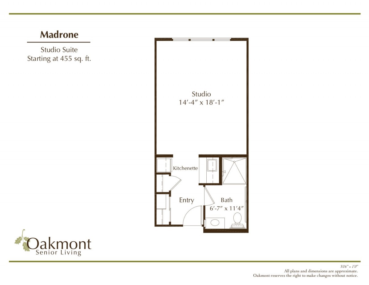 Studio apartment floor plan layout at Oakmont.