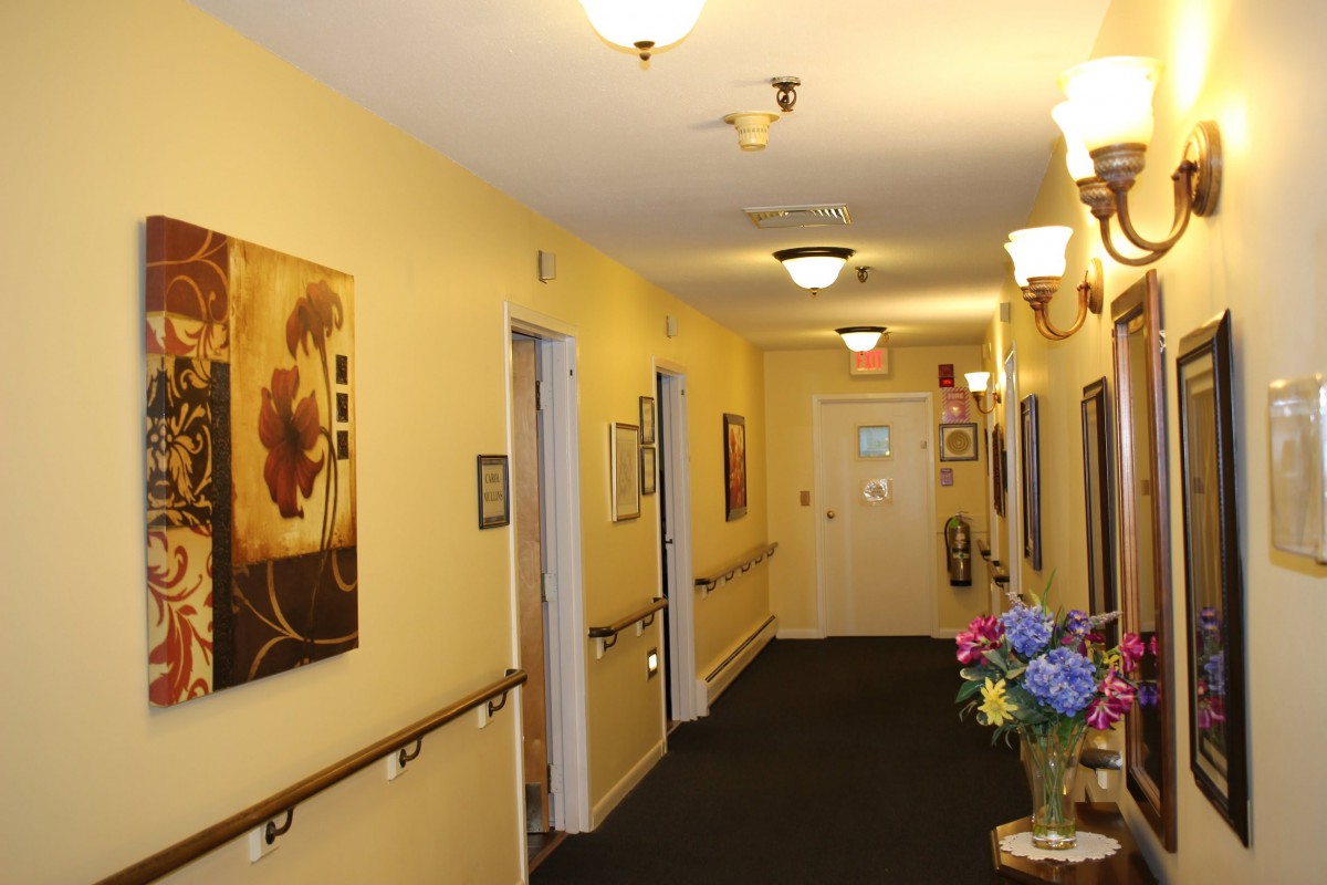 A well-lit hallway featuring decor, artwork, and handrails, leading to multiple doors.