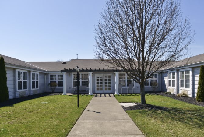A residential house with a front yard and a leafless tree on a sunny day.