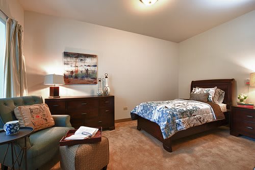 A cozy bedroom with a single bed, a dresser, and stylish decor.