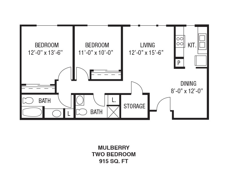 Floor plan of a two-bedroom apartment named Mulberry with an area of 916 sq. ft.