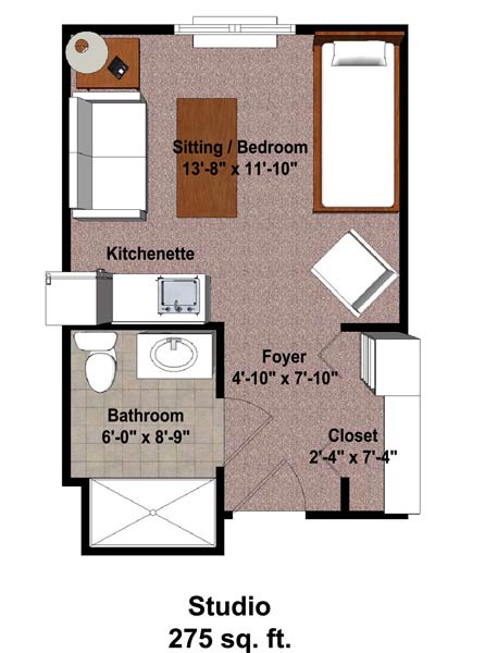 A floor plan of a studio apartment with designated areas for living, kitchenette, bathroom, and closet.