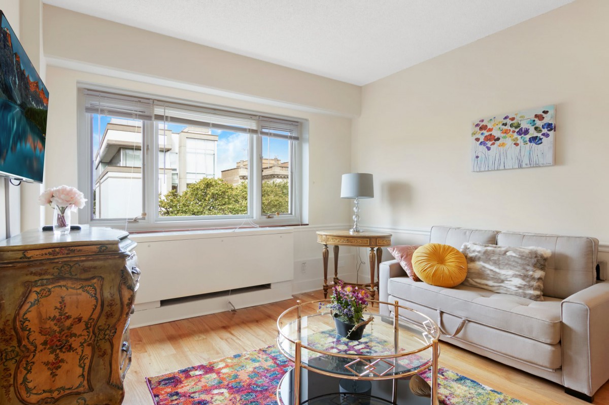 A cozy living room with a sofa, colorful rug, and ample natural light coming through the window.