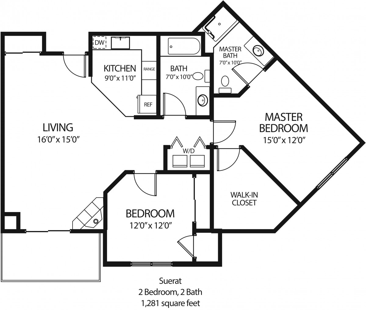 Floor plan of a two-bedroom, three-bathroom apartment with a living room and kitchen.