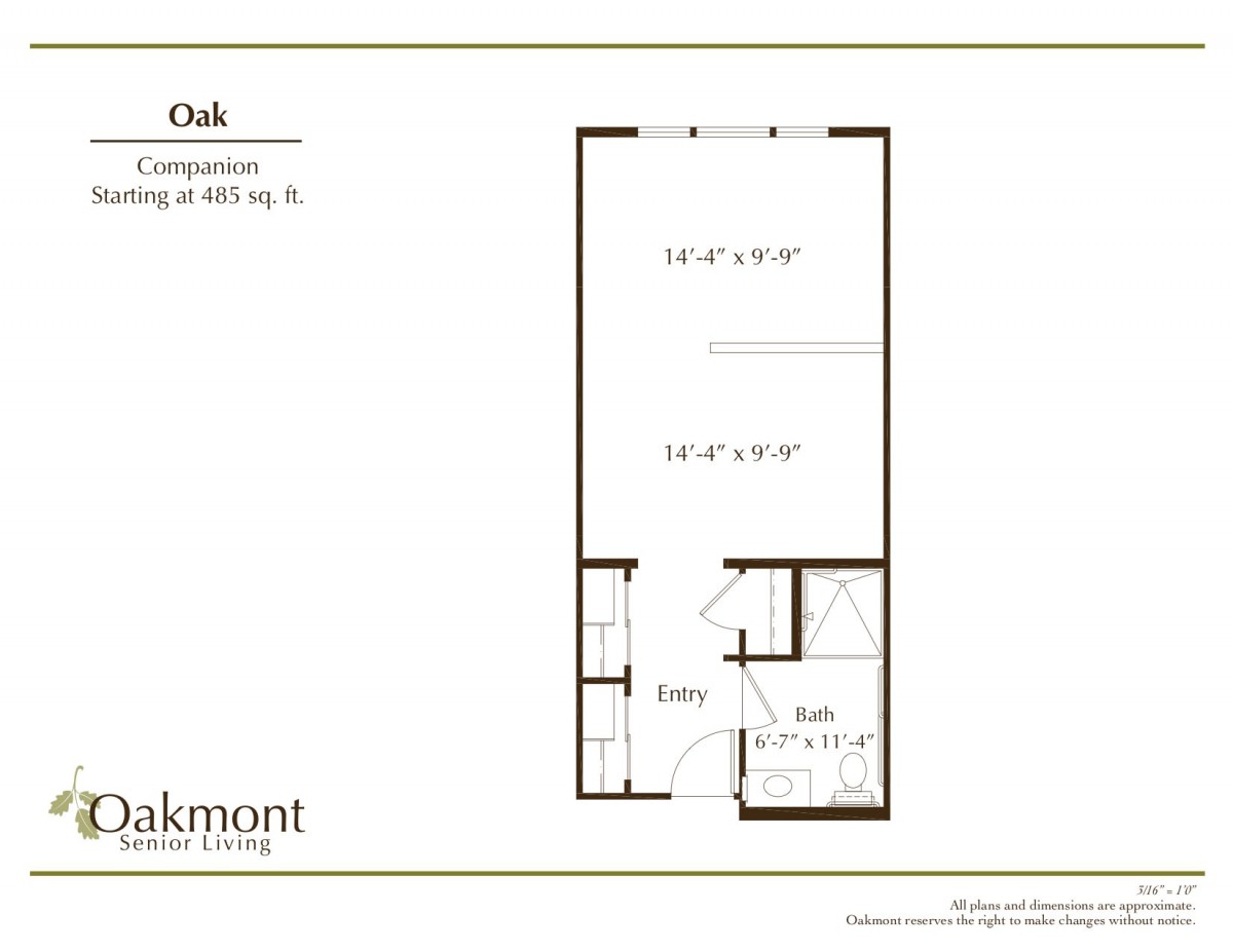 A floor plan of a studio apartment with dimensions and layout details.