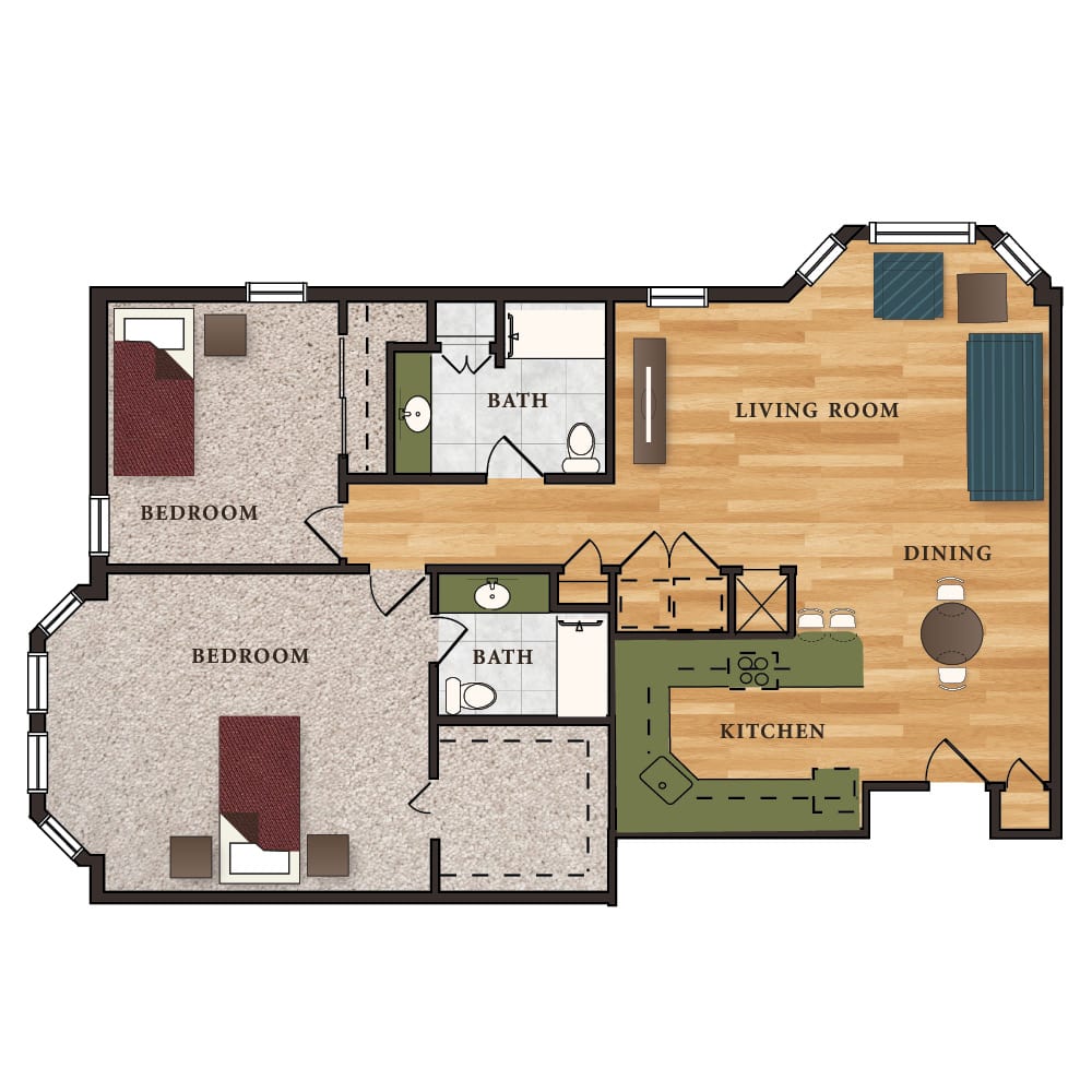 This image shows a floor plan of a two-bedroom apartment, featuring a living room, kitchen, dining area, and bathrooms.