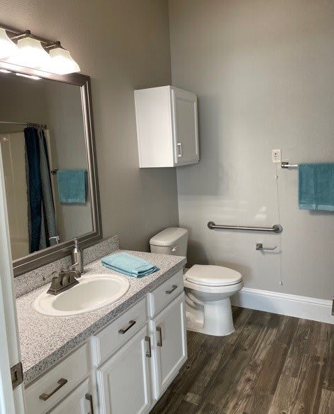 A modern bathroom with a sink, toilet, and blue accents.
