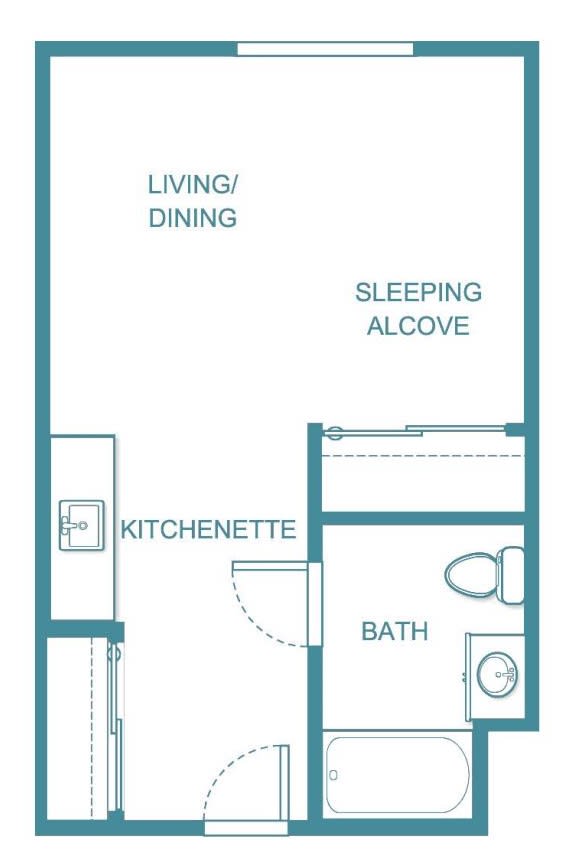 Studio apartment floor plan with living/dining area, kitchenette, bathroom, and sleeping alcove.