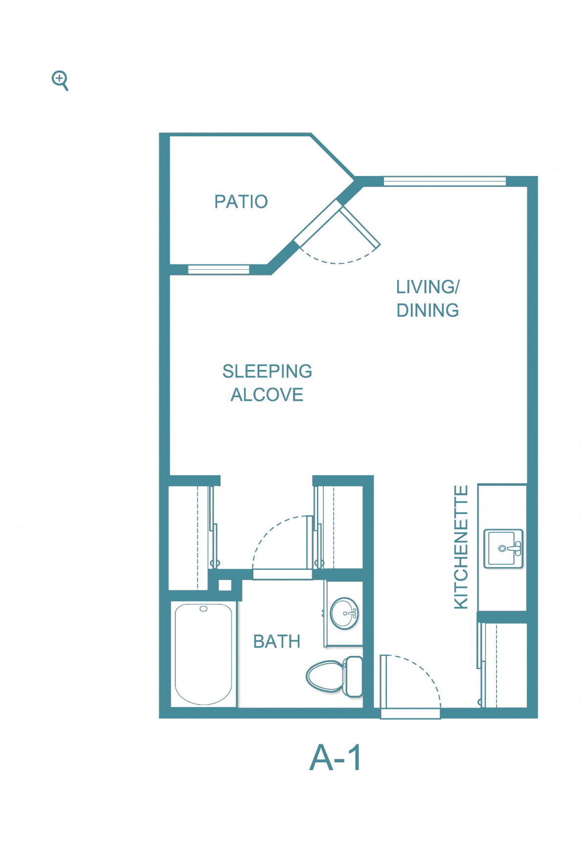 Studio apartment floor plan with a patio, kitchenette, and sleeping alcove.