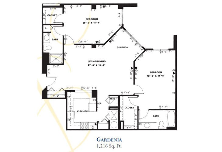 A detailed floor plan of an apartment labeled 'Gardenia' with a total area of 1,216 sq. ft.