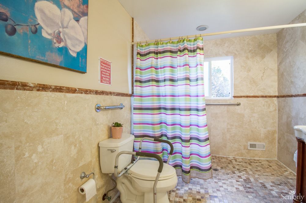 A well-lit bathroom featuring a toilet with support bars, a colorful shower curtain, and decorative artwork on the wall.
