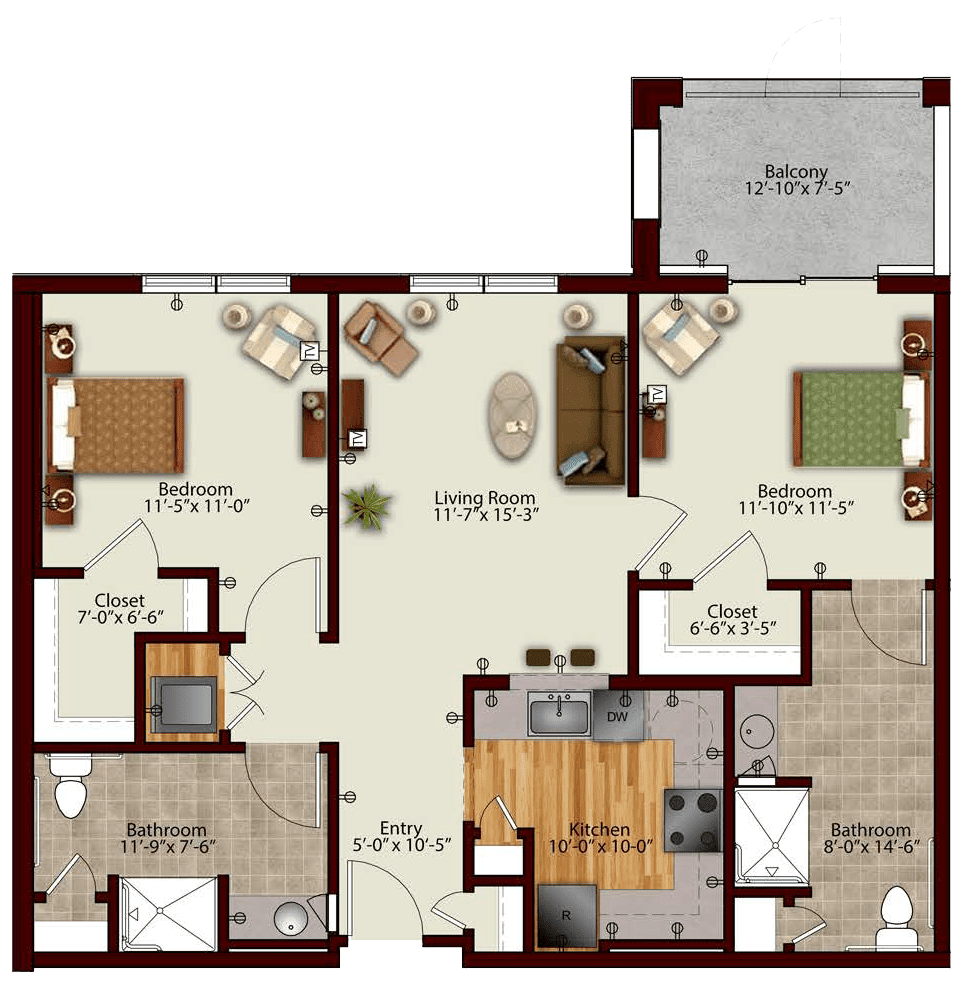 This image shows a detailed floor plan of an apartment, featuring bedrooms, bathrooms, living room, dining area, and kitchen.