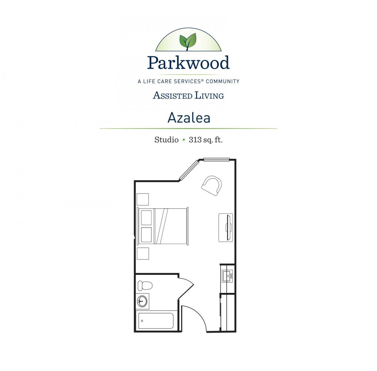 Azalea Studio Floor Plan at Parkwood Continuing Care Community.