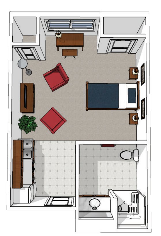 Illustration of a small apartment floor plan with distinct areas for living, sleeping, kitchen, and bathroom.