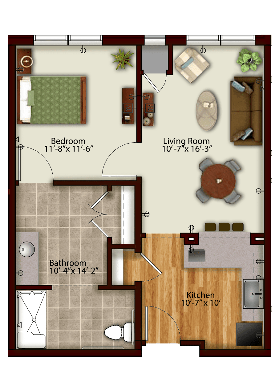 A detailed floor plan of a one-bedroom apartment with designated areas for the living room, kitchen, and bathroom.